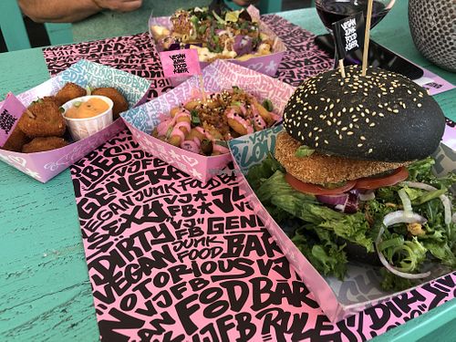 Fish&chips, macaroni balls, onion-rings, fish xo  at Vegan Junk Food Bar  - Rotterdam in Rotterdam