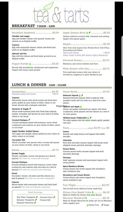 Menu at Tea & Tarts in Bangor