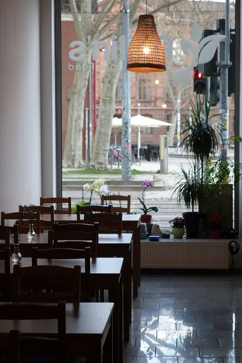 Inside the restaurant, with a view of Landwehrplatz (tram stop) at Pailin's Asian Veggie Food in Saarbrucken