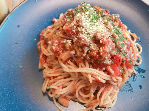 Spaghetti bolognese with impossible meat at YEARS 素年 in Kowloon