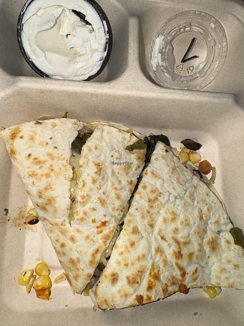 Quesadilla with mushrooms and vegan sori cream   at Mad Mex in Pittsburgh