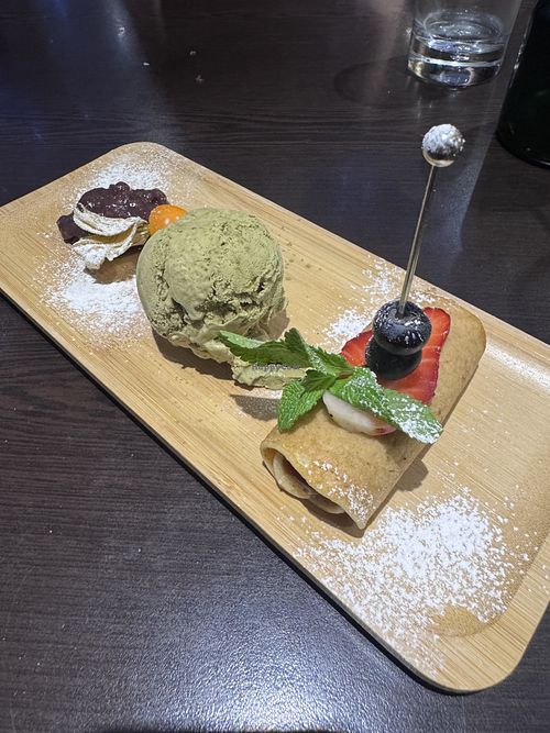 Adzuki Bean Pancake with matcha ice cream   at Suissi Vegan Kitchen  in Glasgow