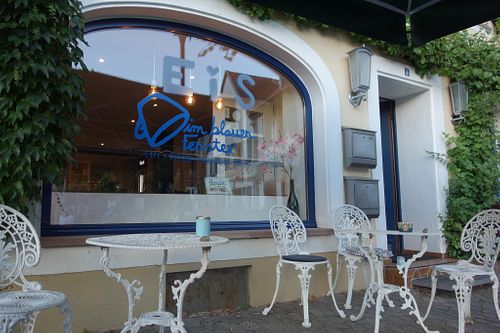 The blue window which gave this café its name at Im Blauen Fenster in Saarbrucken