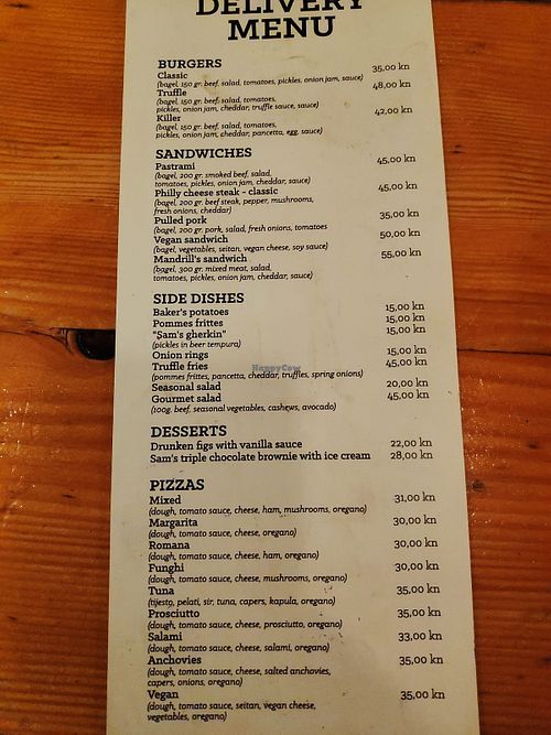 Menu includes vegan pizza, vegan sandwich and some vegan side dishes at Mandrill Nano Brewing in Split