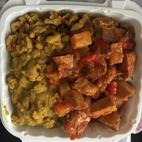 Curry chickpeas & potatoes, vegan Mac, and pineapple “chicken” 🤤 at Sunrise Caribbean - Park View in Washington