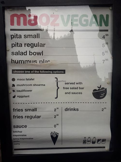 Menu at Maoz in The Hague