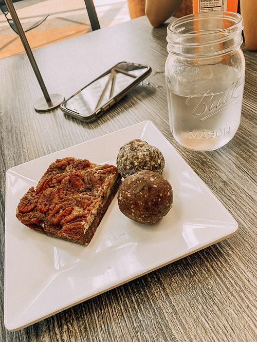 Vegan balls and pecan slice! Also had vegan banana loaf and coffee cake along with two veggie burgers(not ze best) at Craft Kafe - Down Town in St Petersburg