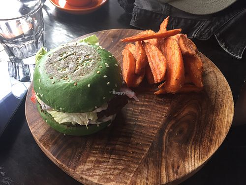 Falafel Burger with Sweet Potato Fries at Lisica Cafe in Maribyrnong