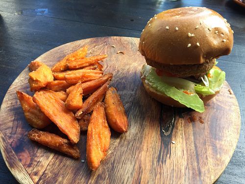 ‘Chicken’ burger (without ‘bacon’ at my request) and sweet potato fries  at Lisica Cafe in Maribyrnong