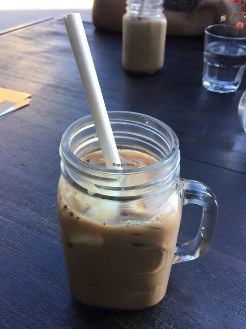 Iced soy mocha (with soy icecream as sn extra) - paper straw at Lisica Cafe in Maribyrnong