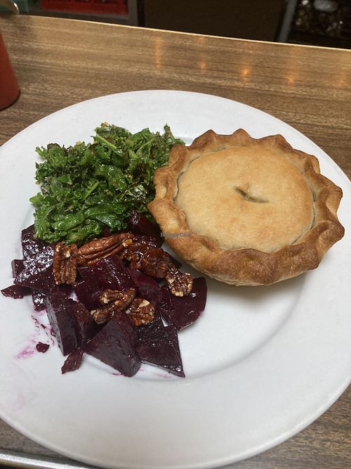 Pot pie with sautéed garlic kale and beets  at Follow Your Heart Market & Cafe in Canoga Park