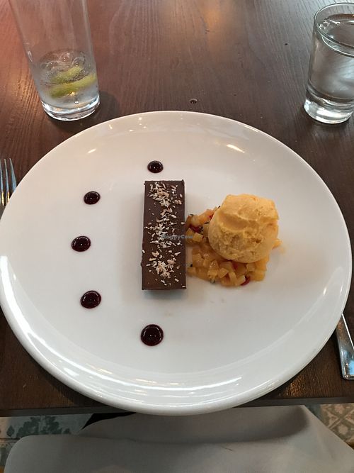 Botter chocolaté dessert with mango ice cream and bits at Wotton House in Wotton