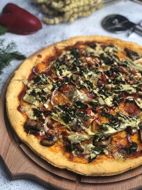 “Vegan pizza with artichokes, mushrooms, vegetables and vegan cheese” at Monstera in Krasnodar