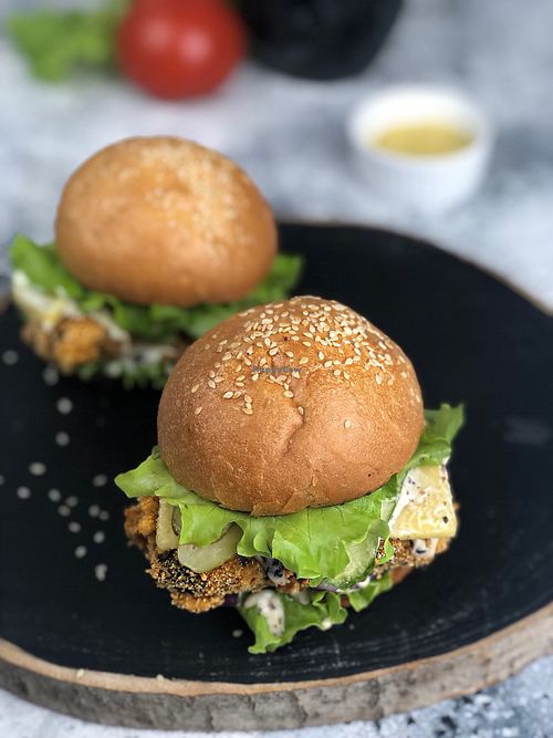 “Vegan burgers: 1) with smoked seitan; 2) tofish burger” at Monstera in Krasnodar