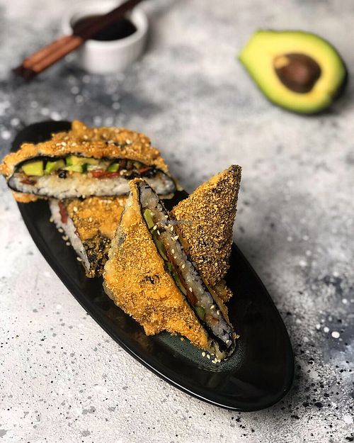 “Vegan sushi sandwiches: 1) seitan and mushrooms; 2) vegan faux smoked salmon” at Monstera in Krasnodar