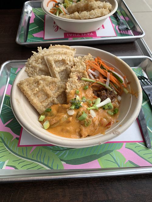Panang Curry with rice waffle at YAY! THAI in Saskatoon