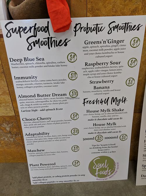 menu at Soul Foods in Saskatoon