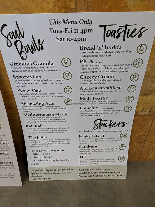 menu at Soul Foods in Saskatoon