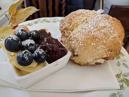 Fruit scone with butter & jam with blue berries & gooseberry at Pettigrew Tea Rooms in Cardiff
