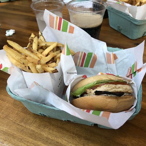 “Chickn” burger and fries  at Burger Patch in Sacramento