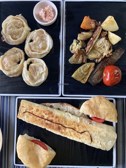 Vegetable Manti, Fried Veggies and Vegetable Katlama  at Registon Restaurant & Cafe in Samarkand
