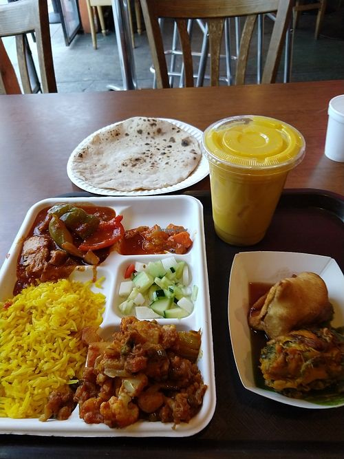 Vegan lassi and dish at India Sweets and Spices in Culver City