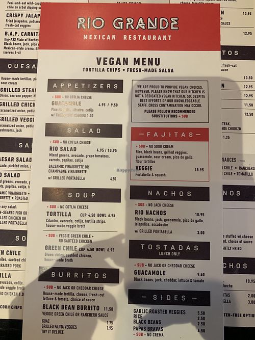 Vegan menu at Rio Grande Mexican Restaurant in Denver