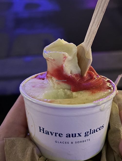 Lemon, pear, raspberry sorbet   at Havre aux Glaces in Montreal