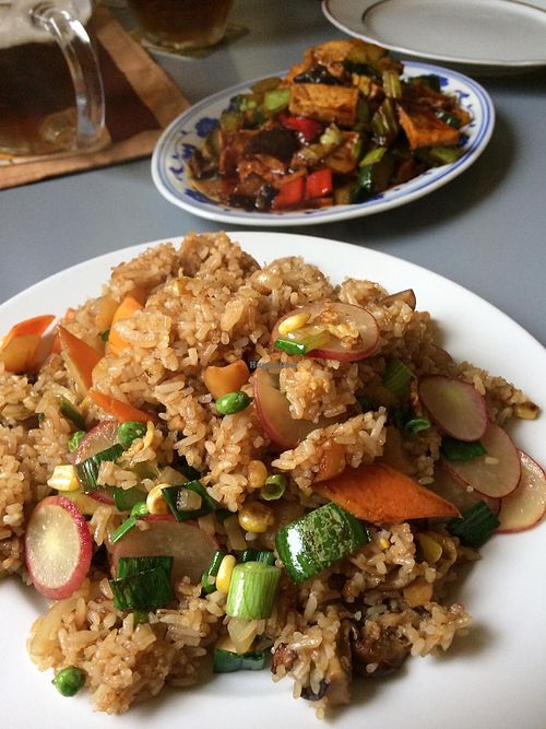 Rice is vegetarian, tofu in back is vegan at Hong Kong in Kutna Hora