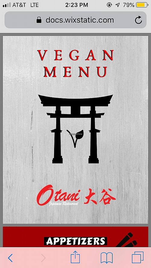 Cover page of the separate menu at Otani in Mayfield Heights