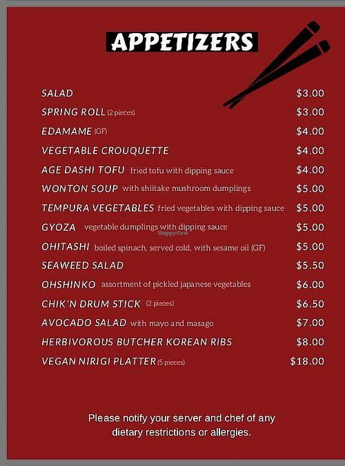 Page 1 vegan menu at Otani in Mayfield Heights