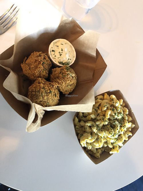 Boudin balls and Mac n cheese at Vegan Food House in Dallas