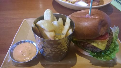 Beyond burger with fries and dip at Harvester in North Shields
