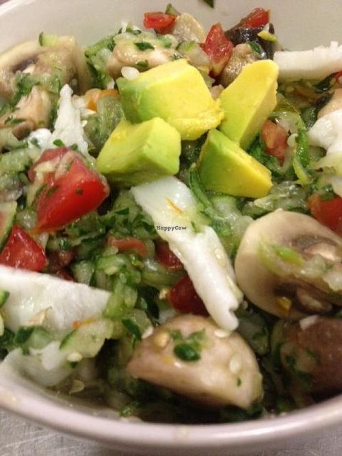 Veggie Souse - pickled mushrooms with cucumber, tomatoes, parsley, coconut jelly and scotch bonnet pepper at Light Body Wholistic Clinic and Organic Earth Juice Bar in Bridgetown