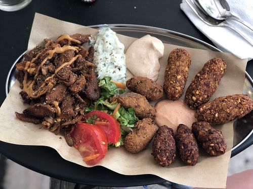 Vegan gyro w croquettes: chickpea, tofu dill and spicy Jamaican! 😀 at Roots Foods and Culture in Athens