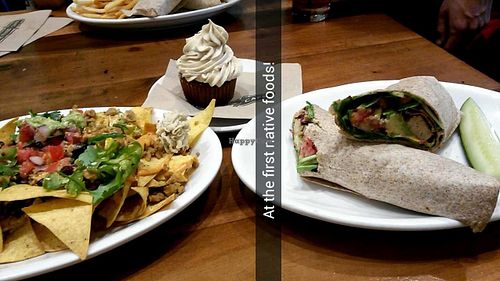 Chicken wrap, nachos, carrot cupcake at Native Foods in Palm Springs