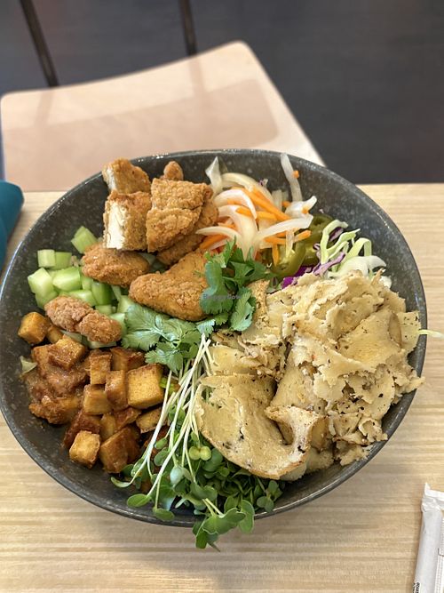 Bahn mi bowl with added seitan and fried chicken   at Native Foods in Palm Springs
