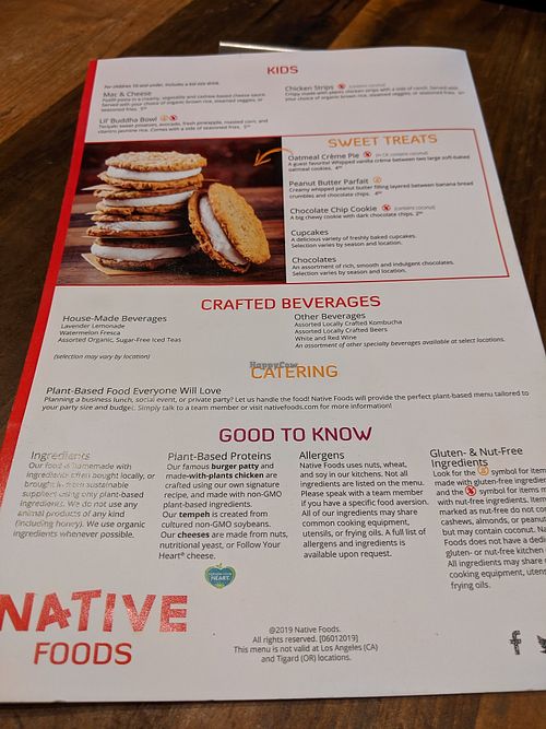 Menu at Native Foods in Palm Springs