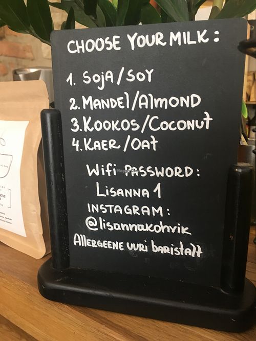 Milks to choose from at Lisanna - Vegan Coffee Shop in Tallinn