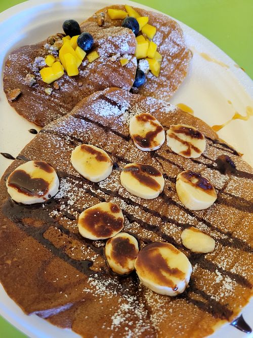 One order of chocolate pancakes, and one fruit pancake at Hijo De Su Madre in Los Angeles