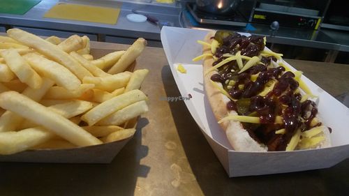 Naughty dog and fries at Soul Shack Vegan Grill in Newcastle Upon Tyne