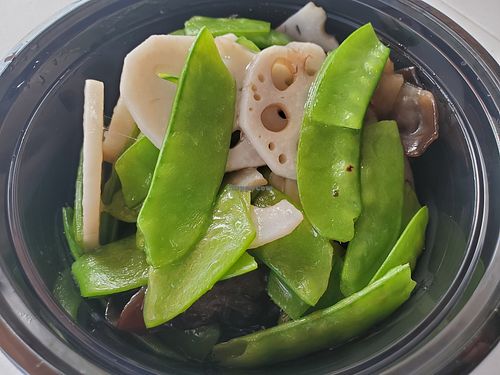 Snow peas and lotus root at Vege Valley Restaurant in San Gabriel
