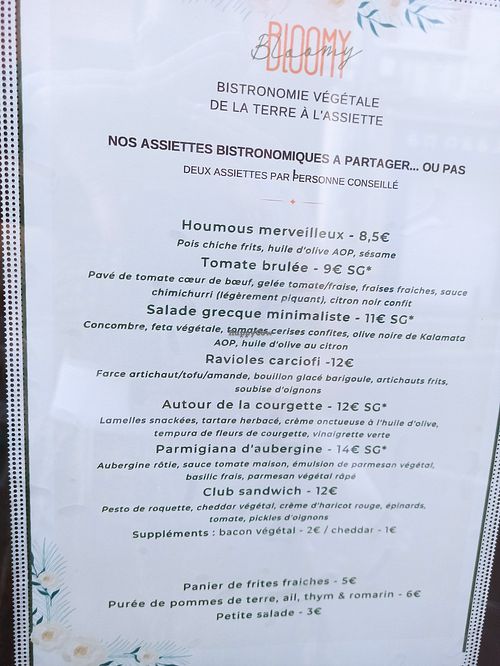 Menu at Bloomy in Toulouse