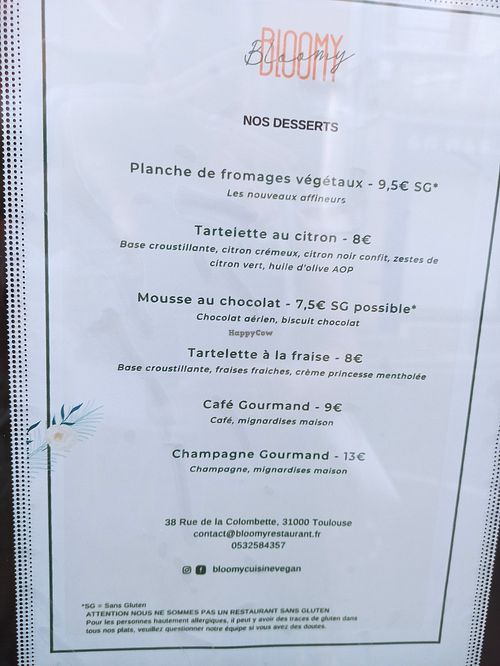 Menu at Bloomy in Toulouse