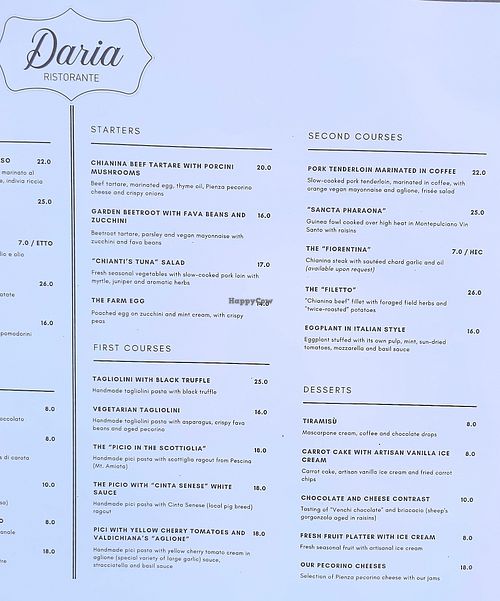 Menu-just one vegan appetizer at Ristorante Daria in Monticchiello