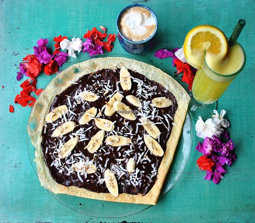 Breakfast set: Vegan crepe topped with chocolate sauce and fresh bananas served with a fresh juice and a tea/coffee at The Spell Creperie in Ubud