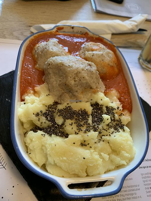 119. Vegan rice and mushroom meatballs on homemade peeled tomato with mashed potato   at The Republic of Good Food in Podgorica
