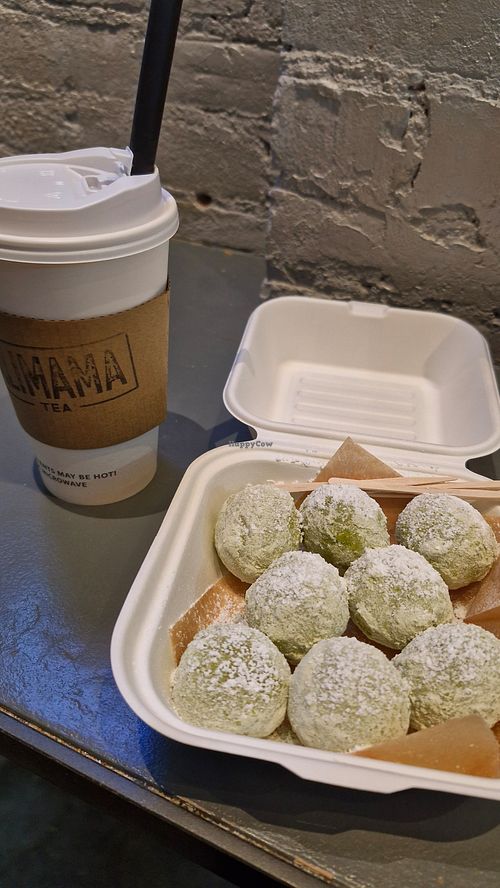 Hot boba tea and matcha munchkins at Alimama Tea in New York City