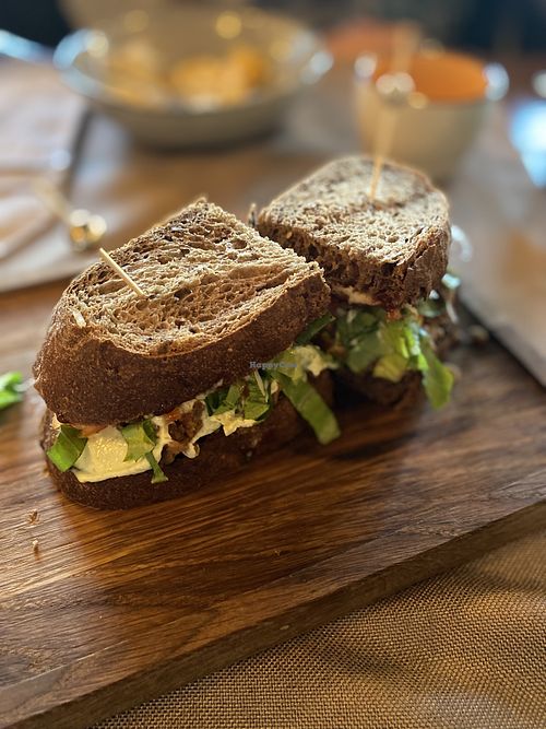 Vegan sandwich with vegan meat at Pioner in Omsk