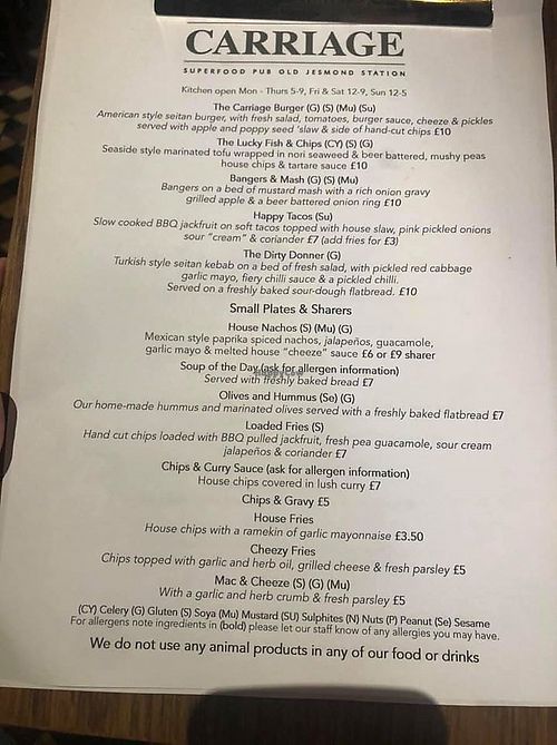 menu at The Carriage in Newcastle Upon Tyne